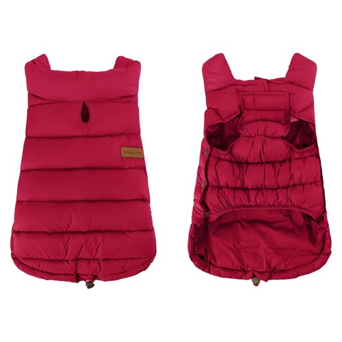 SPACE LION dog puffer jacket windproof water-repellent outer layer keeps dog dry on snowy days.