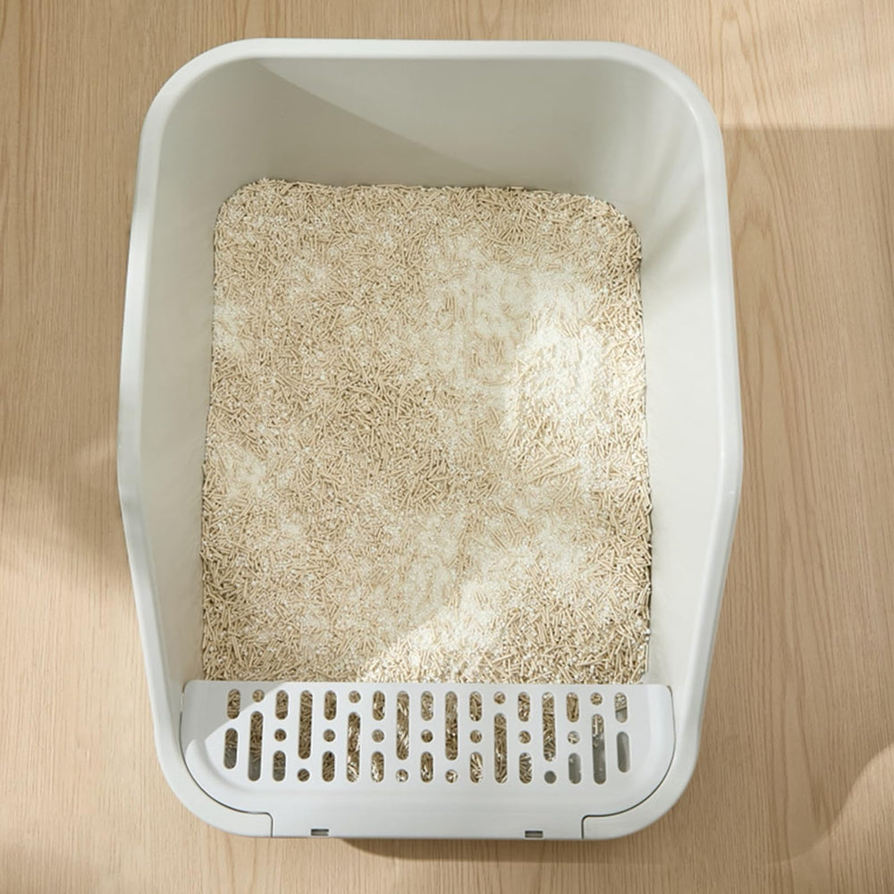 SpaceTime grey litter box blends with home decor and hides minor mess.