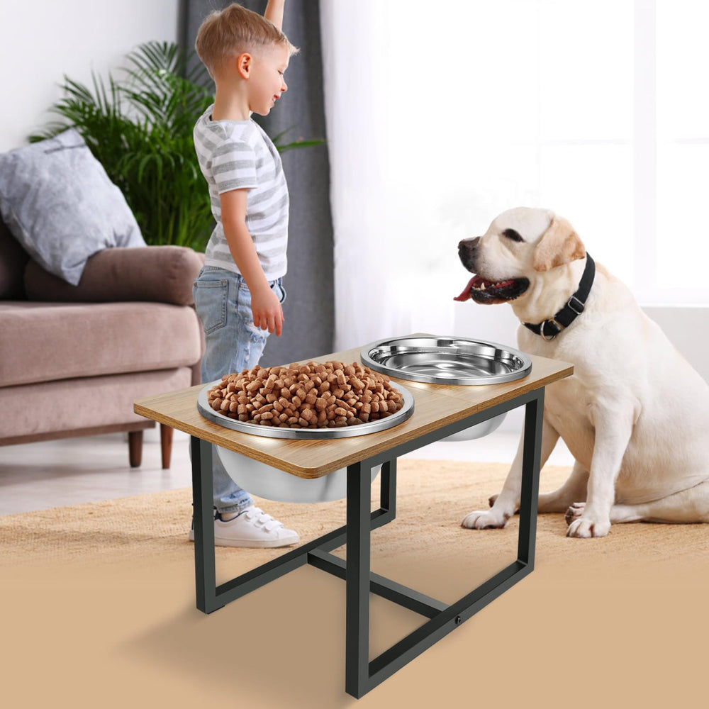 Spacnom elevated dog bowls rustic walnut finish adds warm home style.
