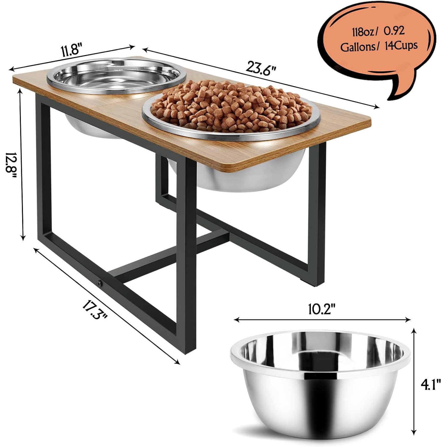 Spacnom elevated dog bowls woodgrain countertop emphasizes rustic style and comfortable feeding height.