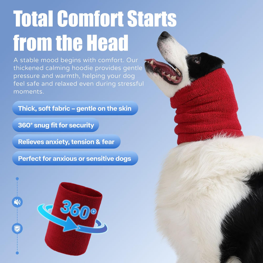 Spajoy calming band worn on dog ears demonstrates a secure fit for anxiety relief.