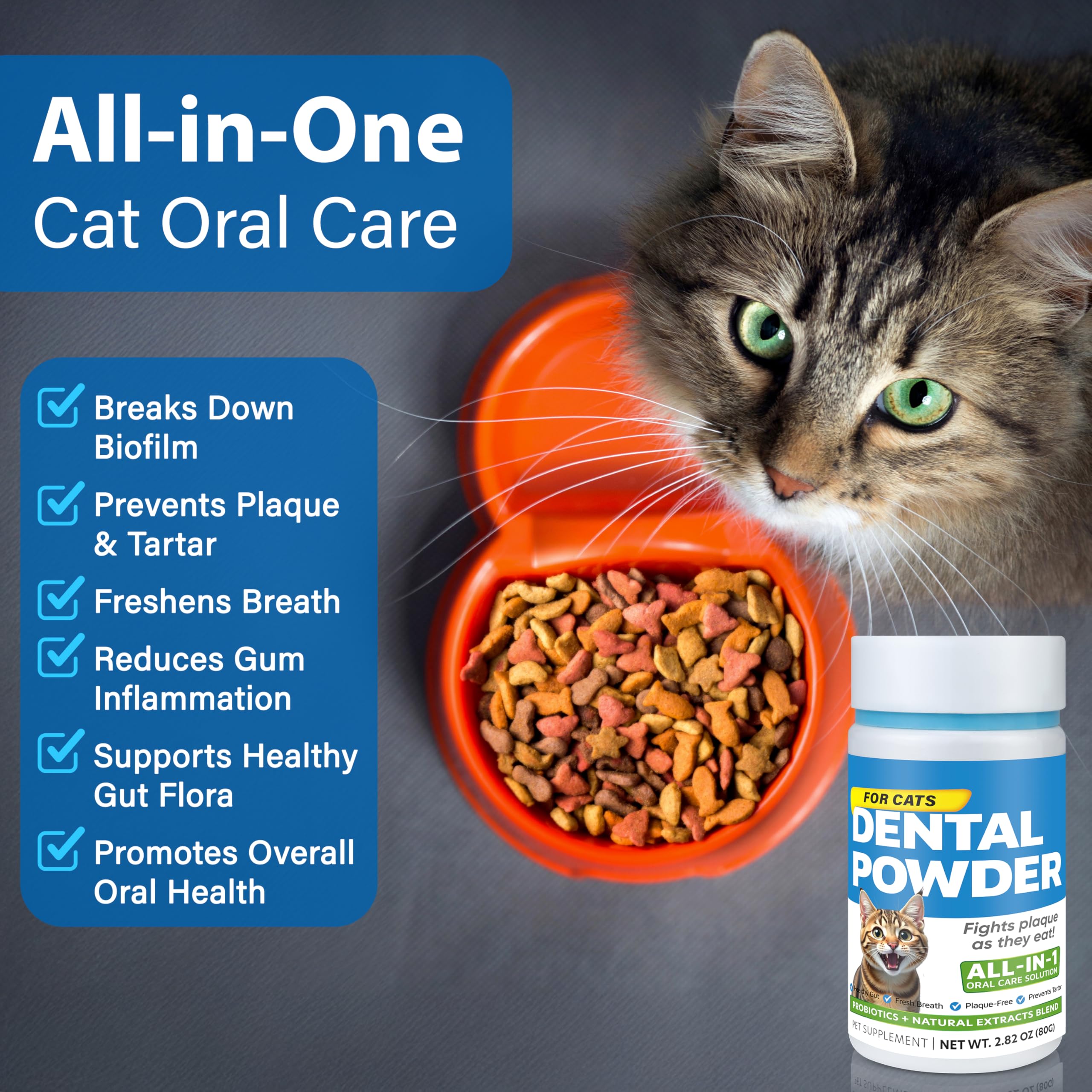 Spanielbuns Cat Dental Powder box beside healthy-cat lifestyle shot.