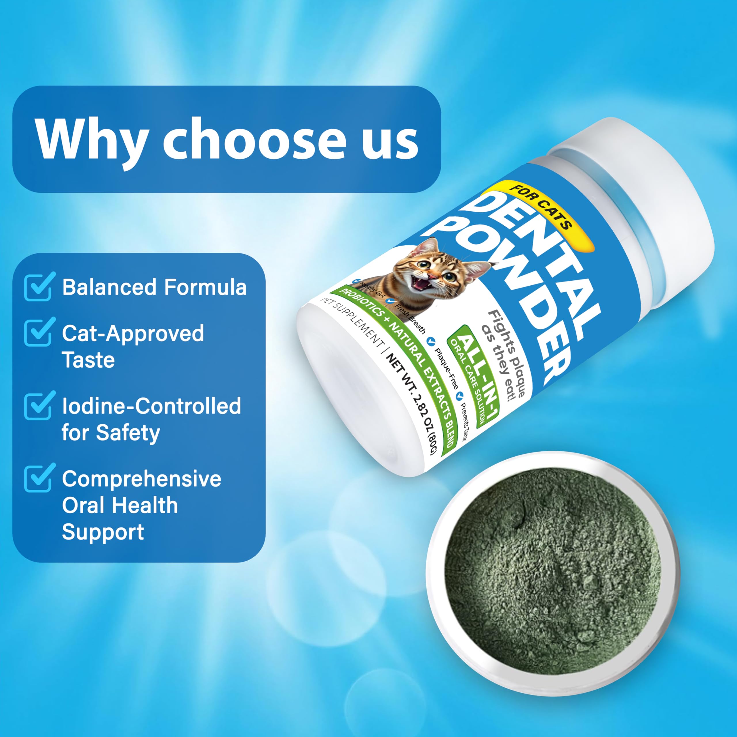 Spanielbuns Cat Dental Powder label featuring natural extracts.