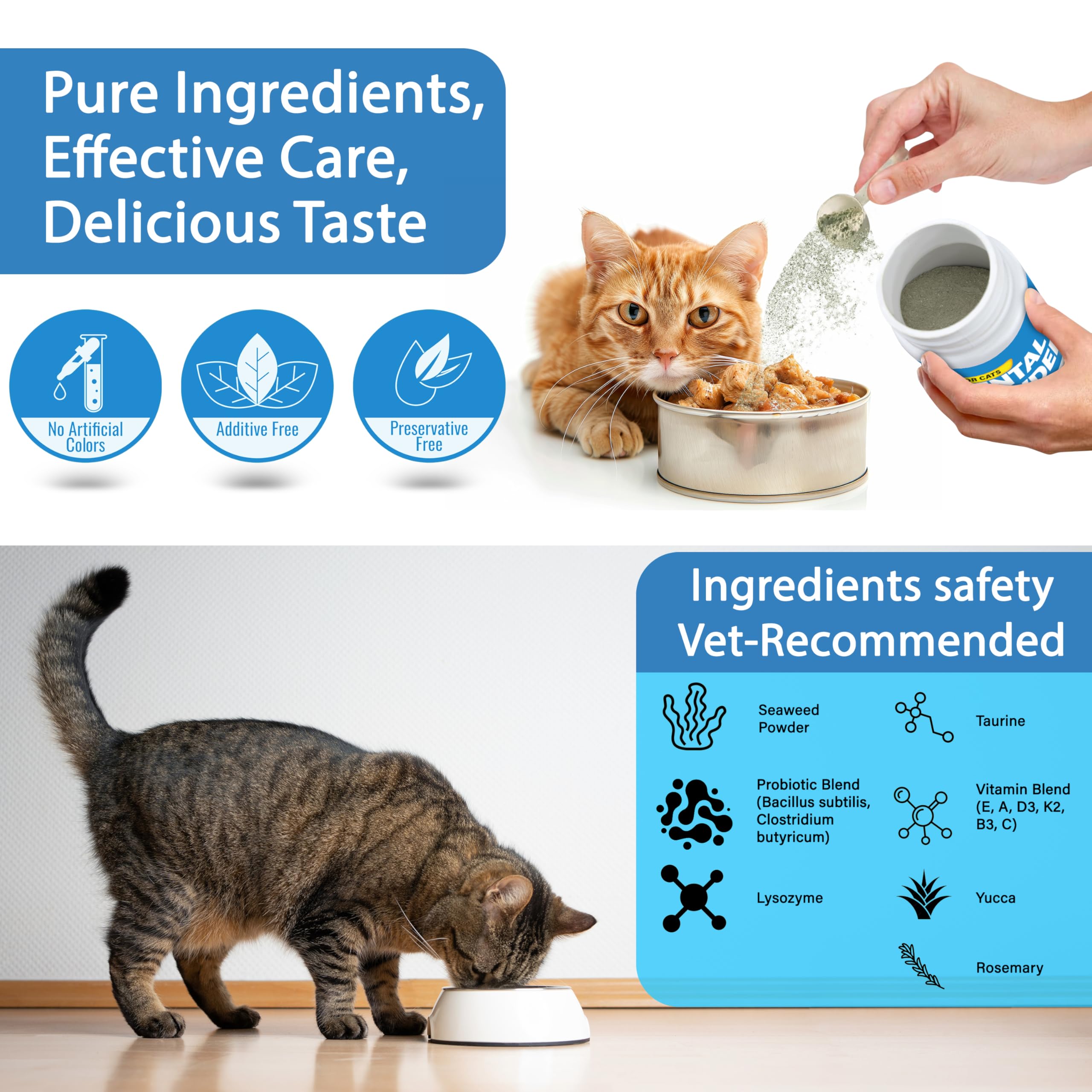 Spanielbuns Cat Dental Powder tartar-control icon highlights preventive care.