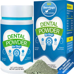 Spanielbuns dental powder bottle closeup for fresh breath benefits.