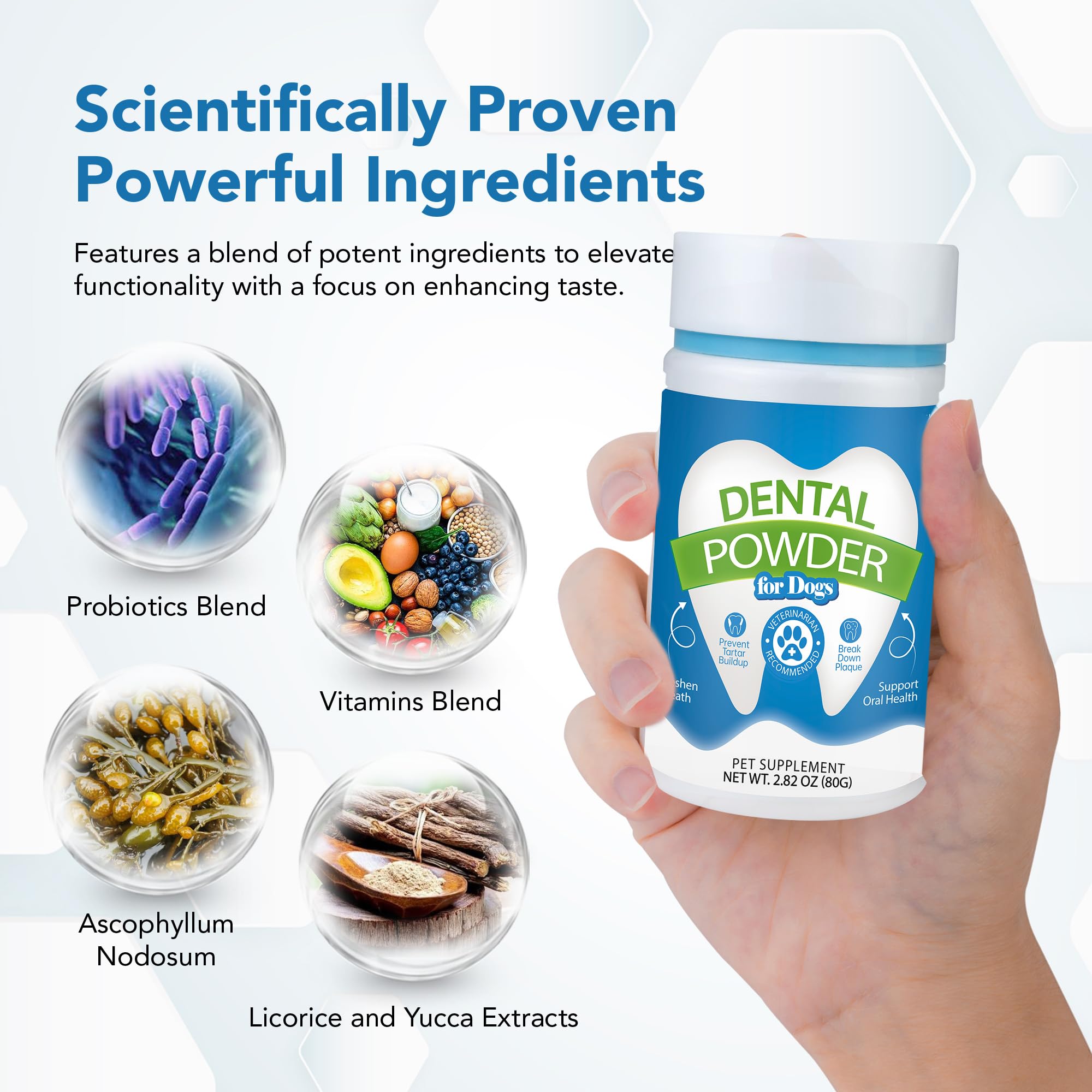 Spanielbuns dental powder packaging closeup communicates brand trust.