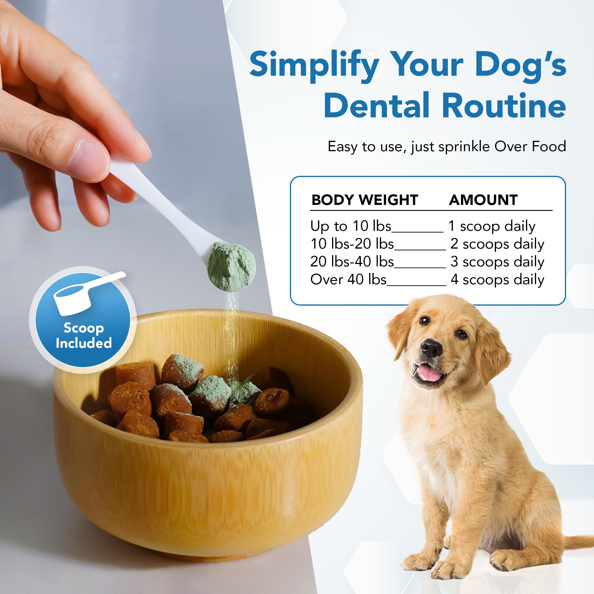 Spanielbuns dental powder tub closeup showing convenient dosing.