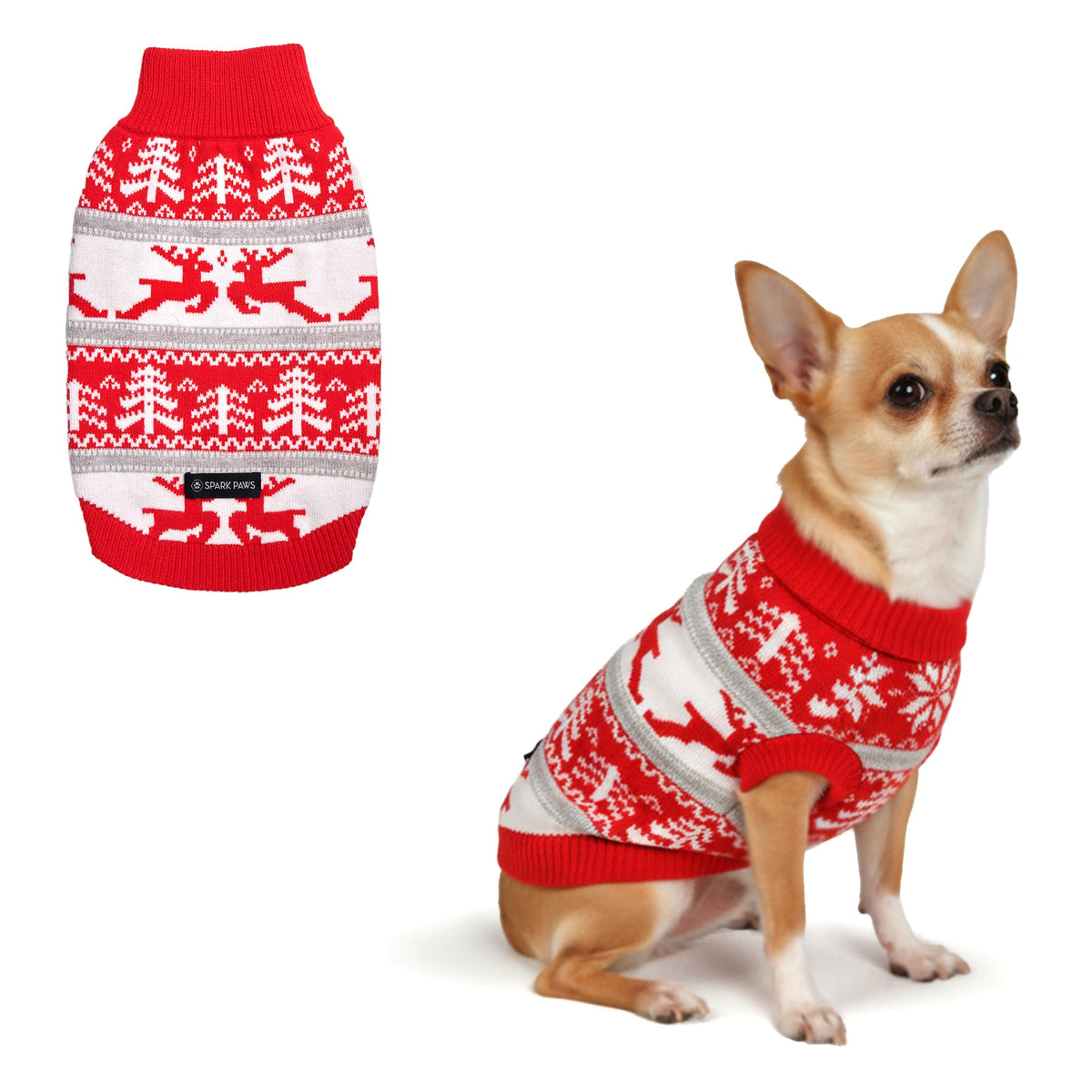 Spark Paws Christmas dog sweater front view provides cozy warmth for winter walks.