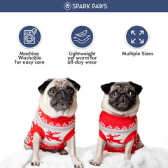 Spark Paws knit-detail of Christmas sweater shows soft texture for sensitive skin.