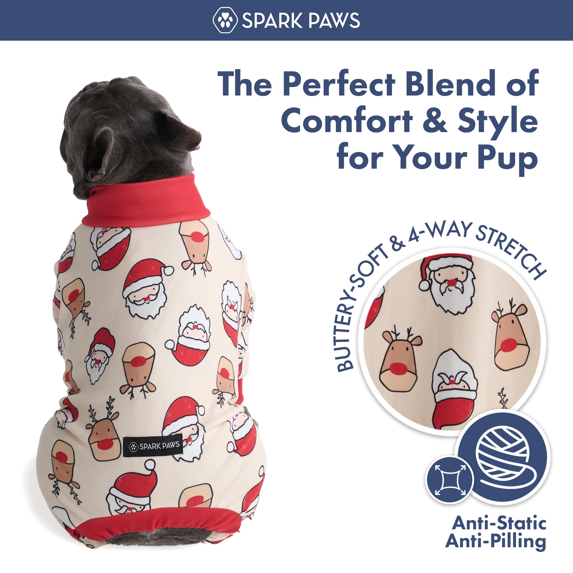 Spark Paws dog christmas pajama back detail highlighting durable stitching