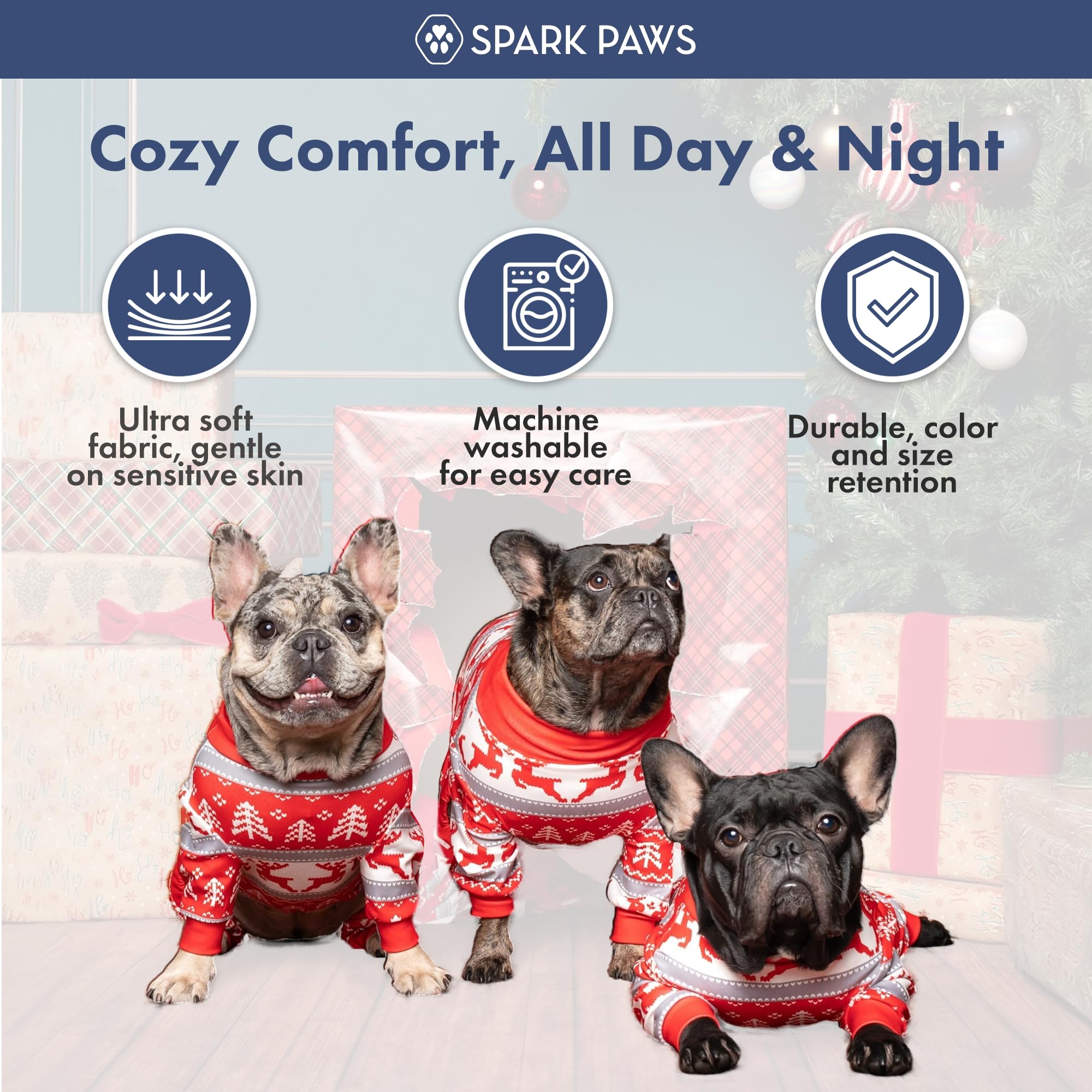 Spark Paws dog Christmas pajama close-up of durable stitching and fabric