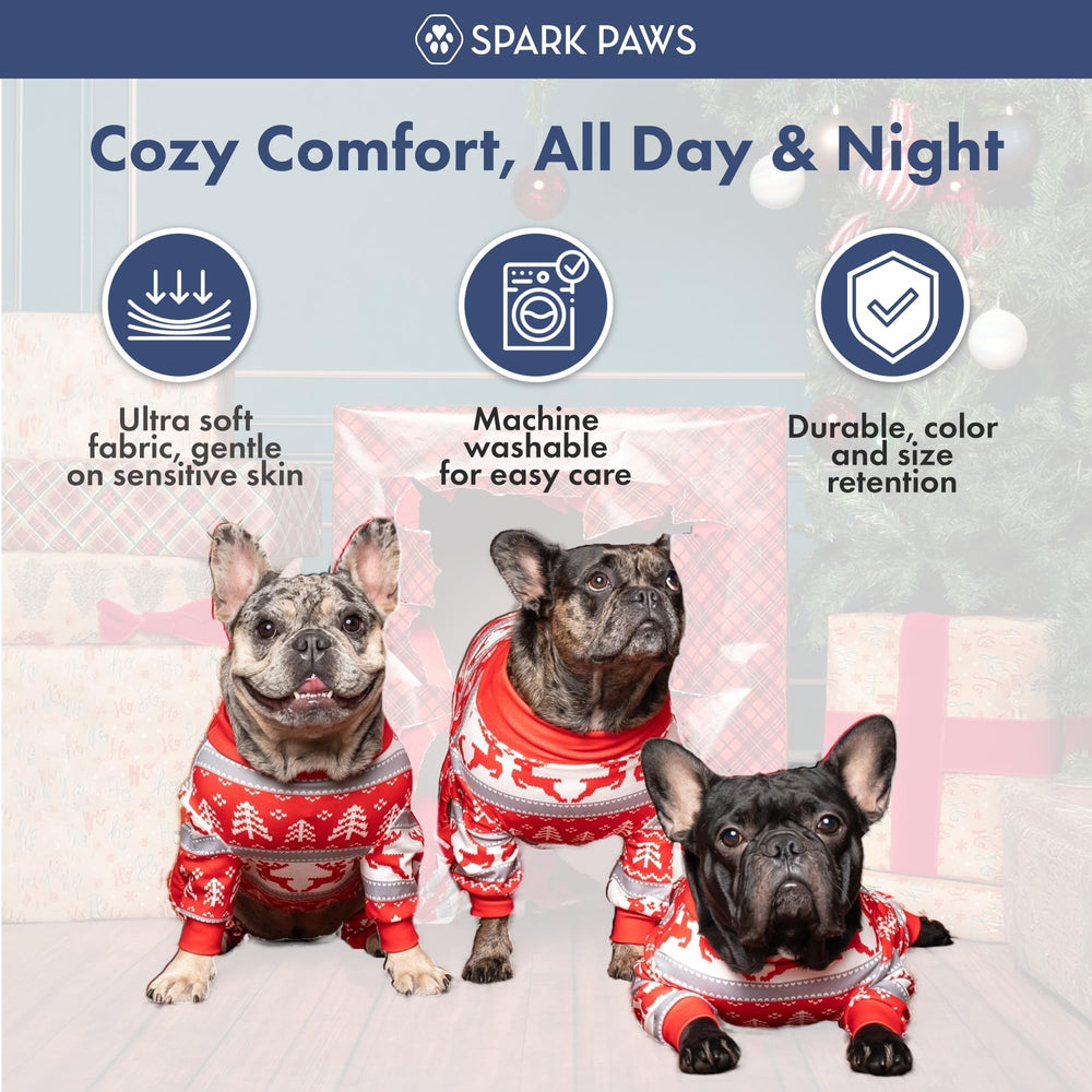 Spark Paws dog Christmas pajama close-up of durable stitching and fabric