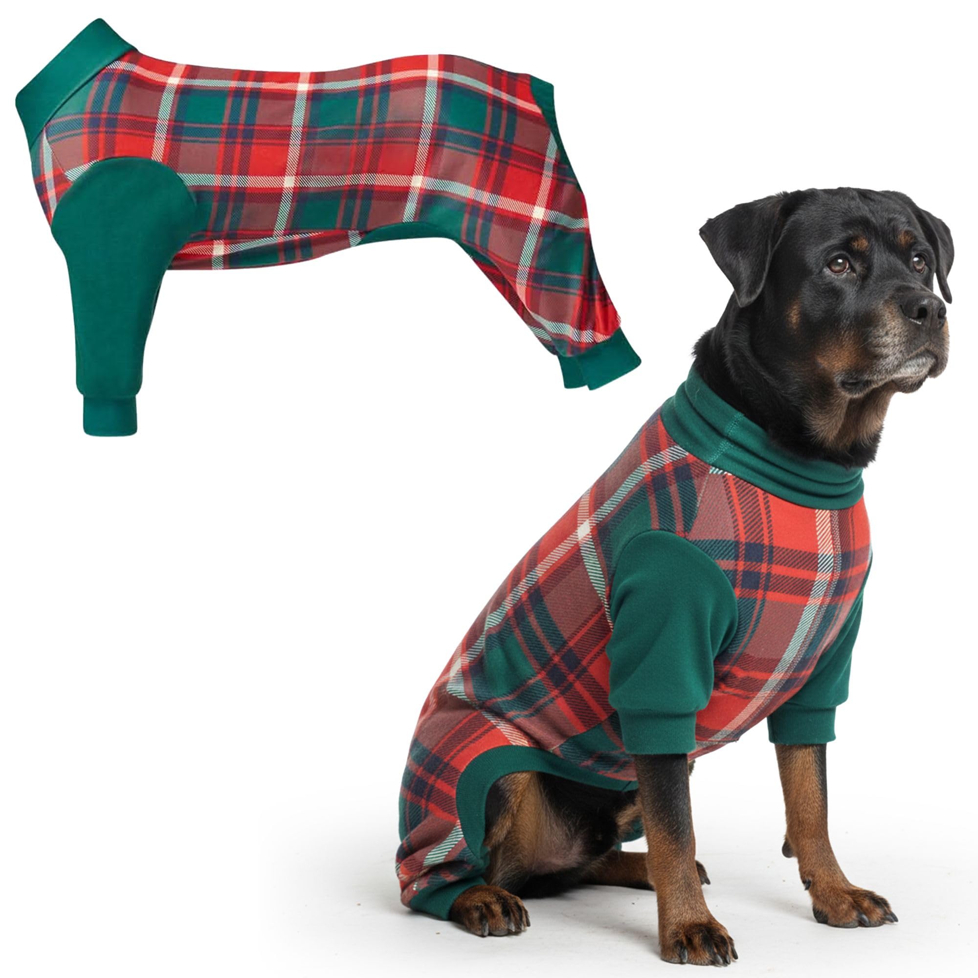 Spark Paws dog Christmas pajama front view in green plaid offers all-night comfort.