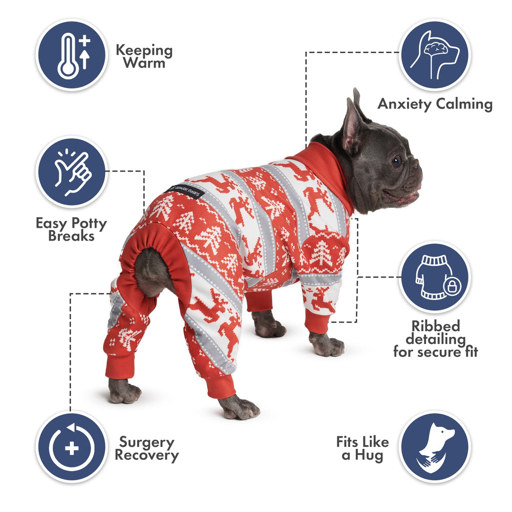 Spark Paws dog Christmas pajama hug interior conveys calming, secure feel