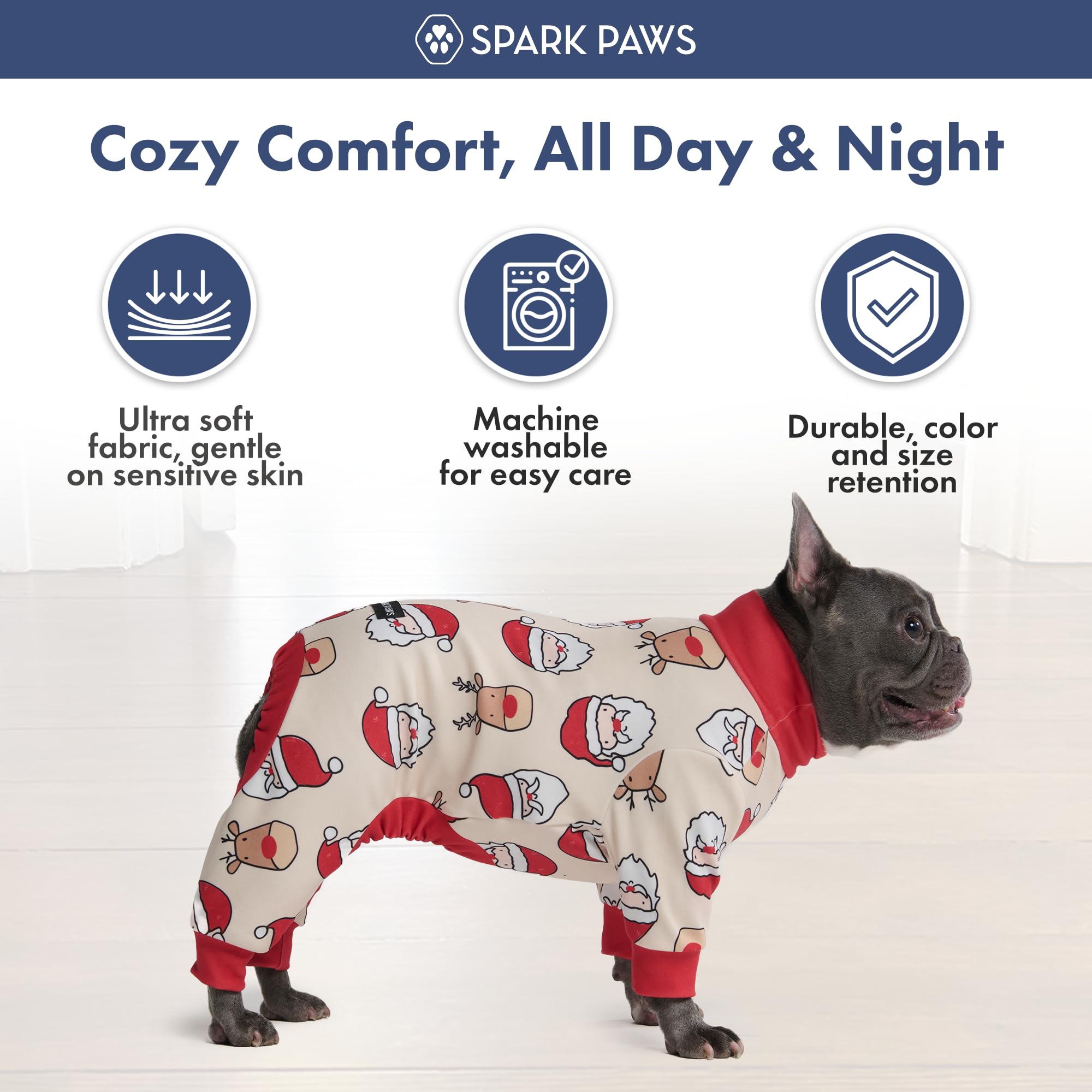 Spark Paws dog christmas pajama inside calming fleece interior for cozy feel