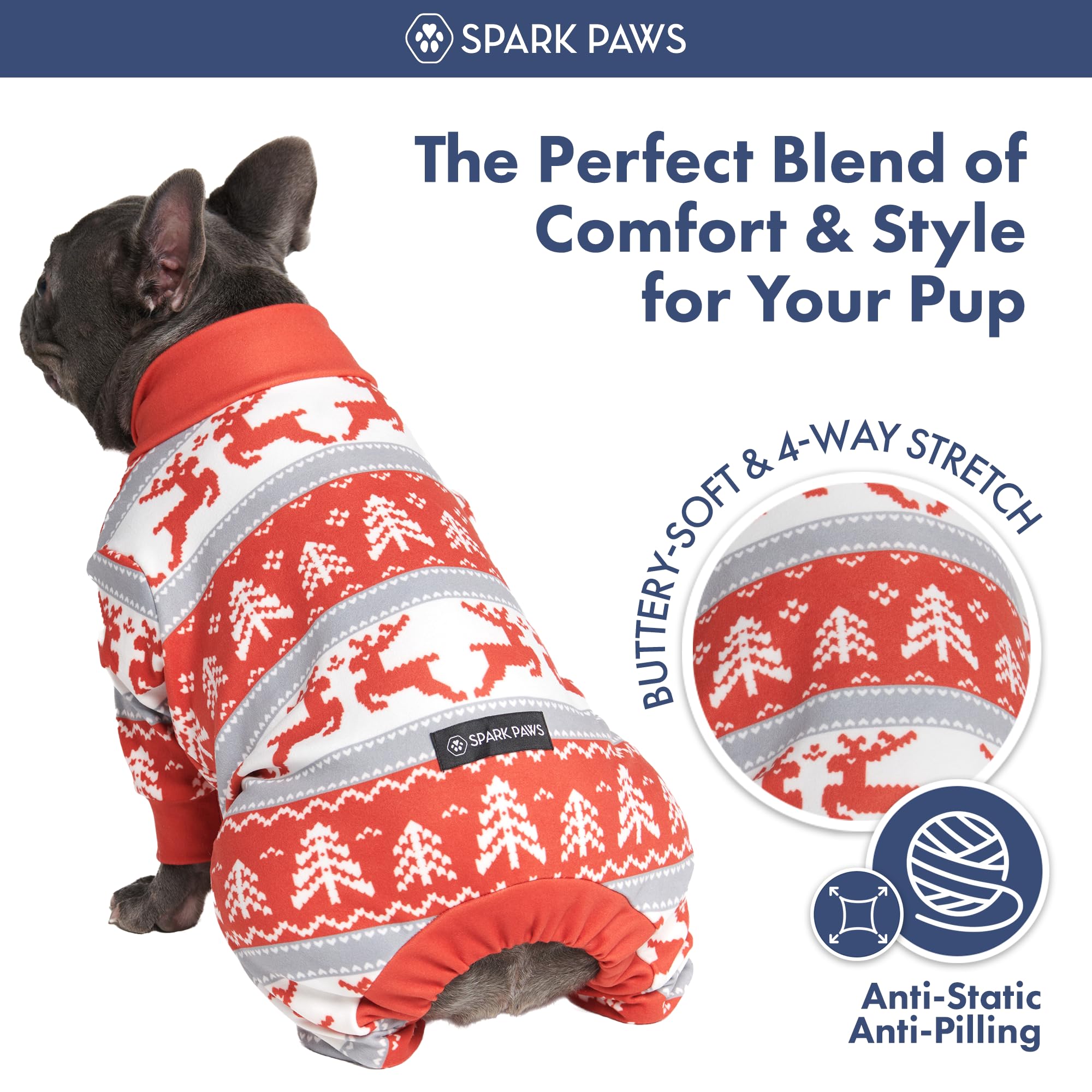Spark Paws dog Christmas Pajama rear-cut design enables easy potty breaks