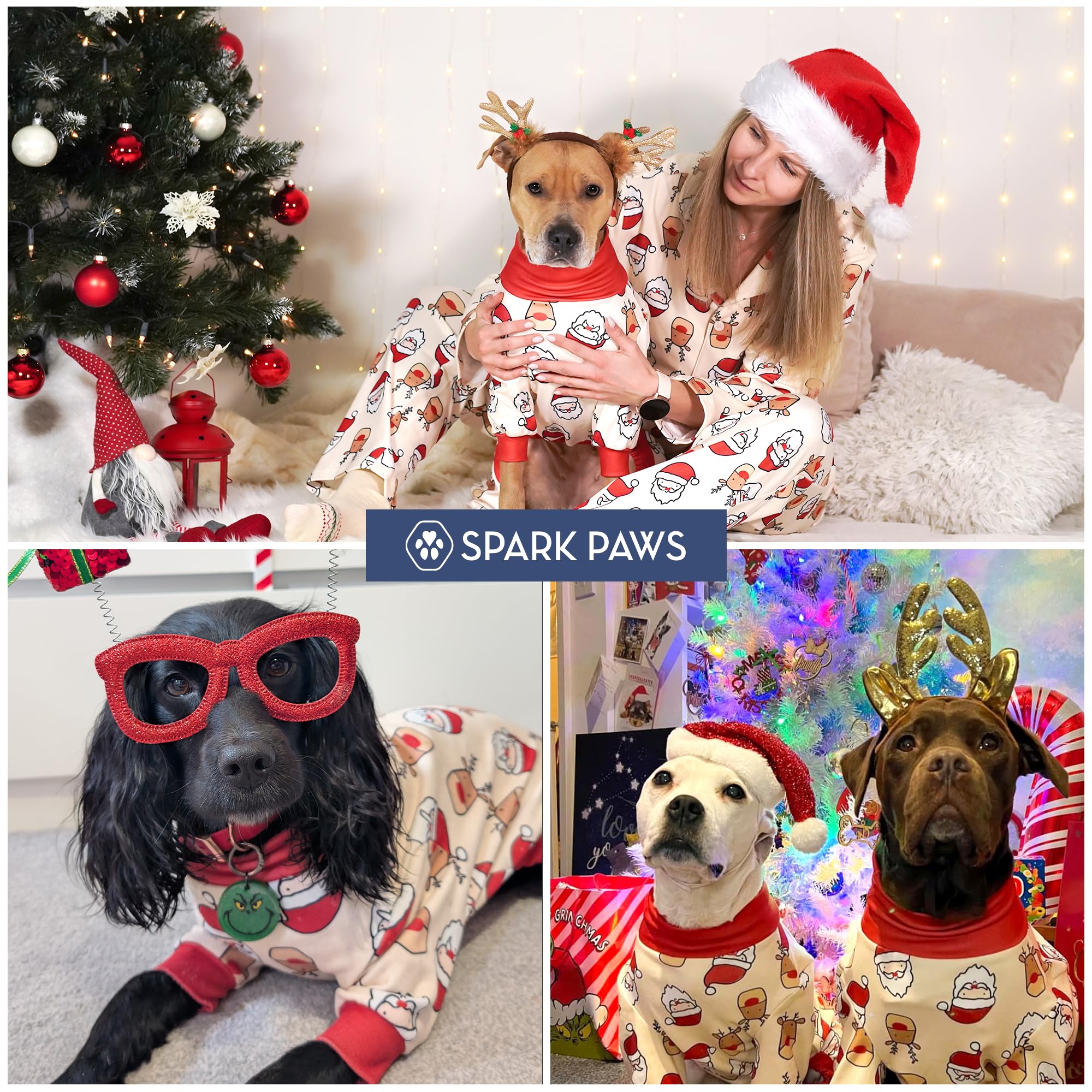 Spark Paws dog christmas pajama large size model wearing Santa Rudolph theme