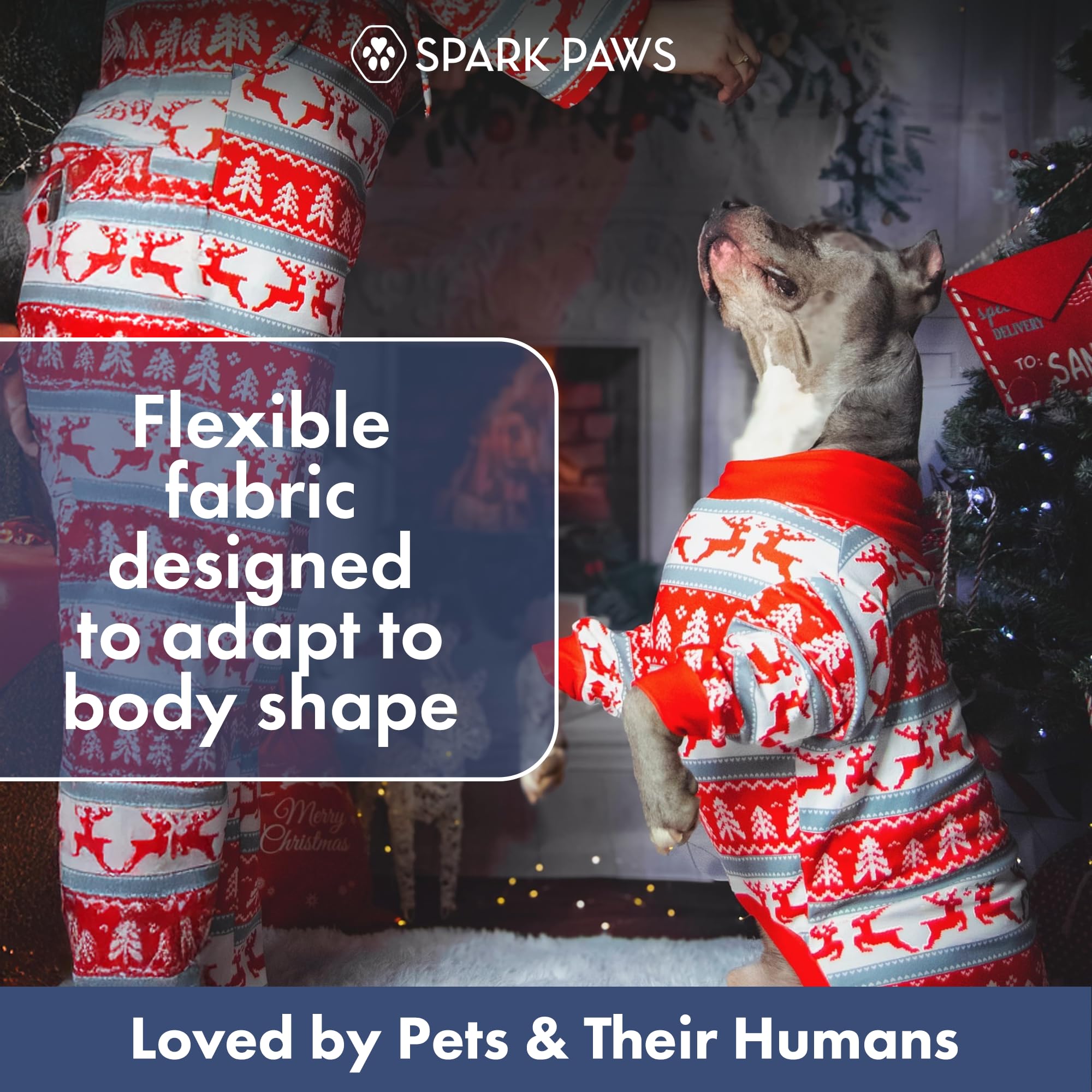 Spark Paws dog Christmas pajama size-range image demonstrates inclusive sizing from S to 4XL
