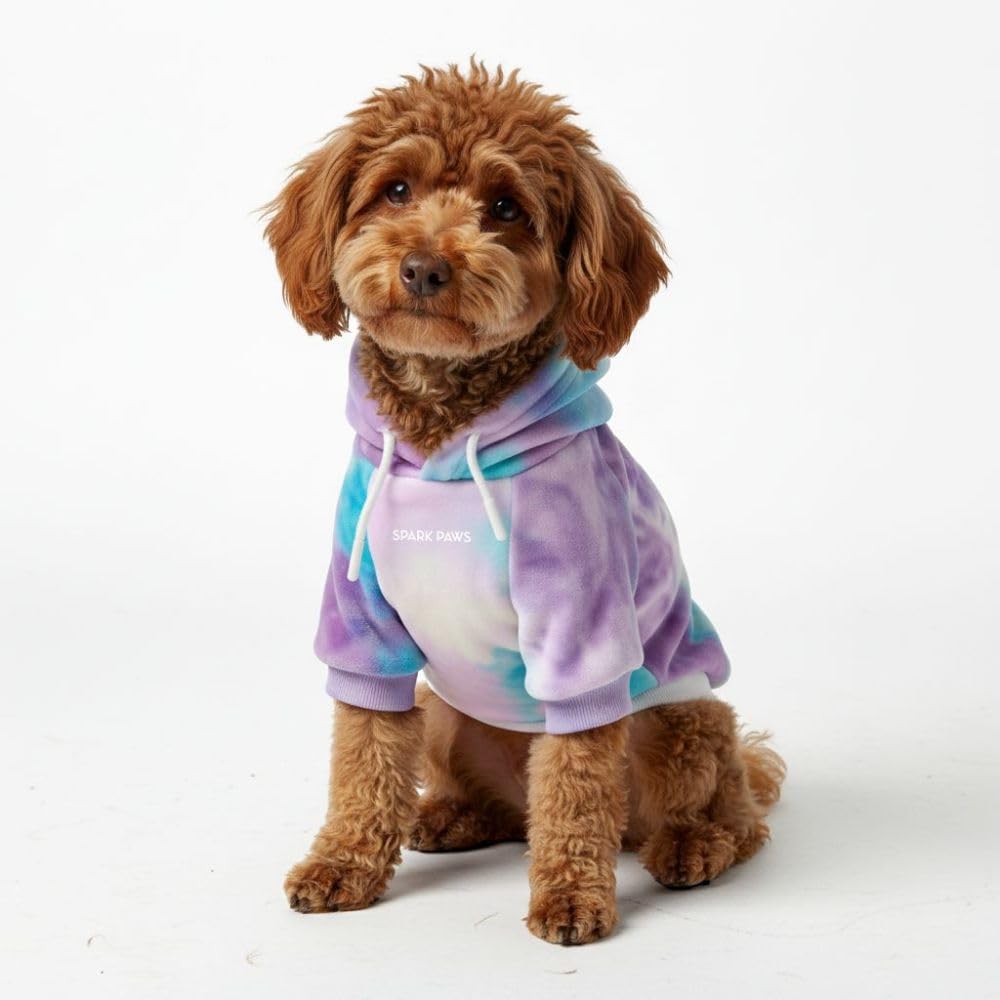 Spark Paws dog hoodie front view shows cozy warmth and flexible fit in retro dye