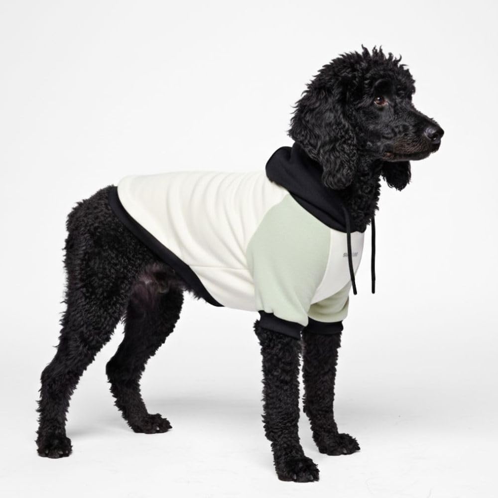 Spark Paws dog hoodie front view shows olive cream butter-stretch fabric and snug fit