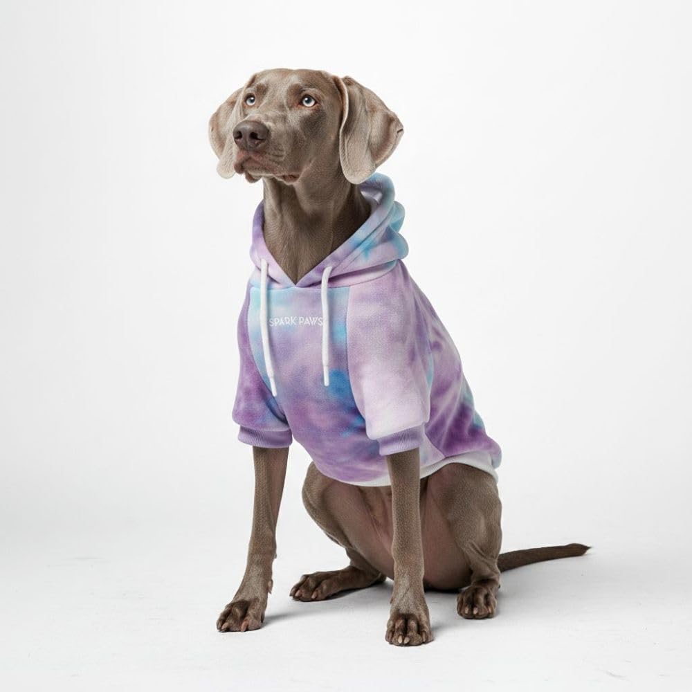 Spark Paws dog hoodie front view with retro sky dye and effortless mobility.