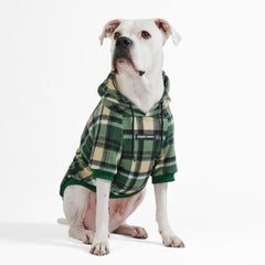 Spark Paws dog hoodie green plaid front view with cozy four-way stretch.