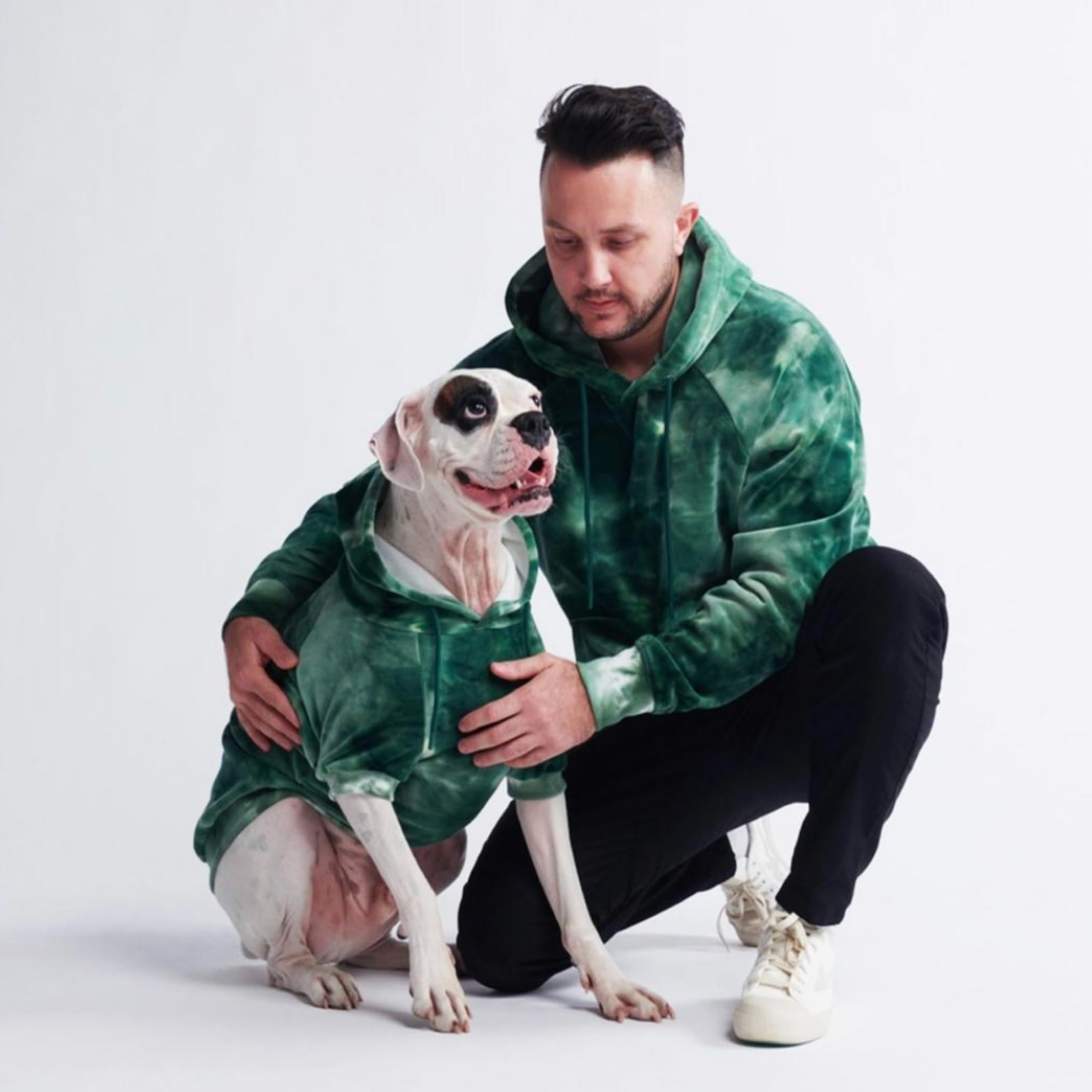 Spark Paws Green Skydye XL hoodie on dog highlights color and size range