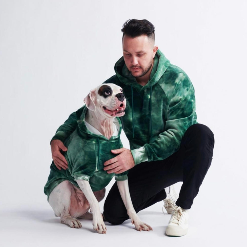 Spark Paws Green Skydye XL hoodie on dog highlights color and size range