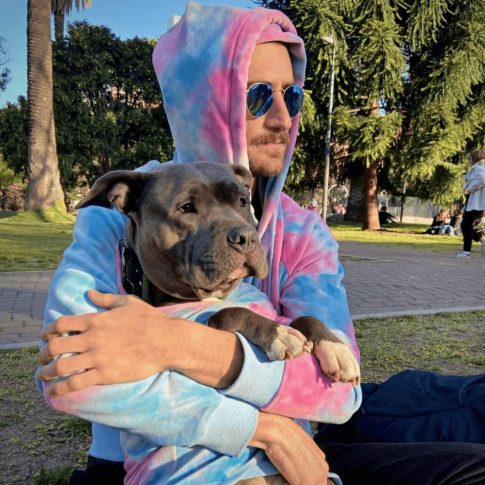 Spark Paws dog hoodie worn on dog during a chilly stroll
