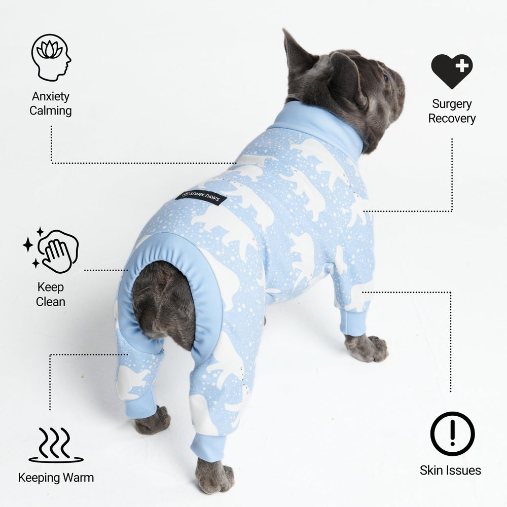 Spark Paws dog pajama 4-way stretch close-up reveals flexible fabric for movement.