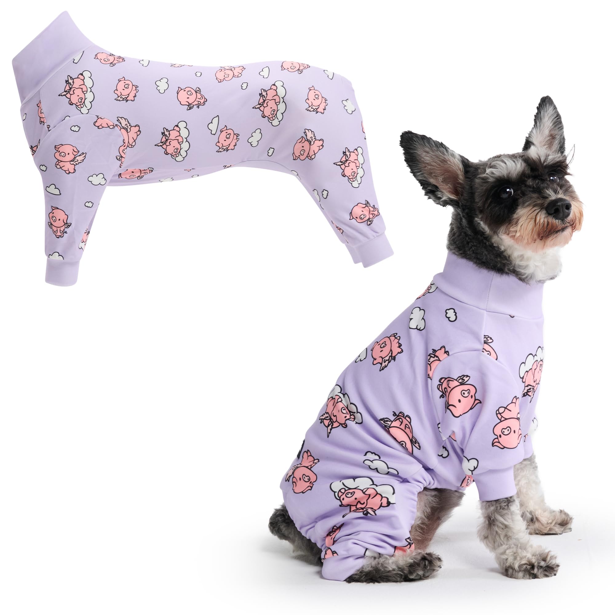 Spark Paws dog pajama front view highlights purple fabric with four-way stretch for lasting comfort