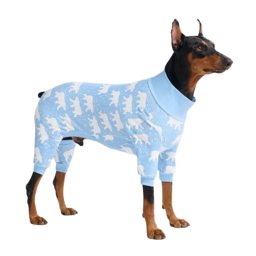Spark Paws dog pajama front view; cozy 4-way stretch fit for all breeds.