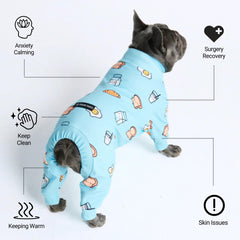 Spark Paws dog pajama front view demonstrates precise fit for comfortable sleep