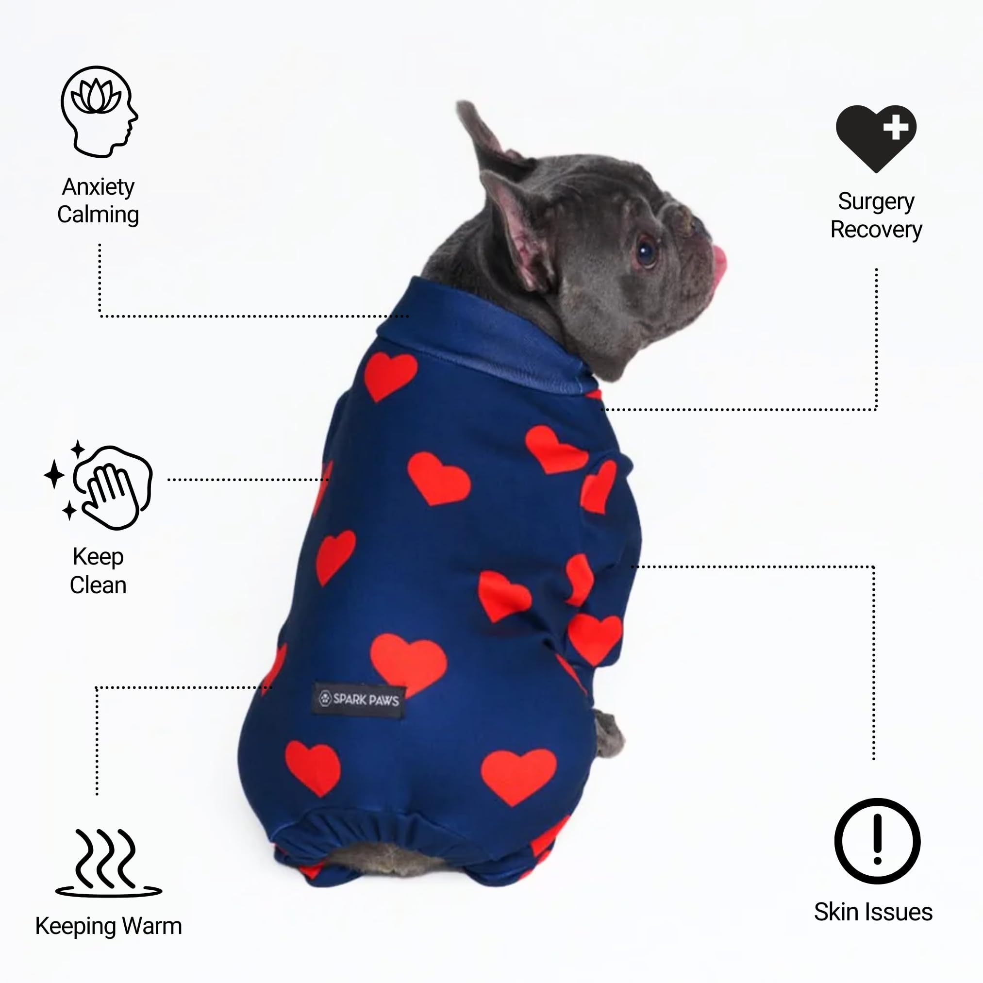 Spark Paws dog pajama heart side view demonstrates easy potty access with rear V-cut