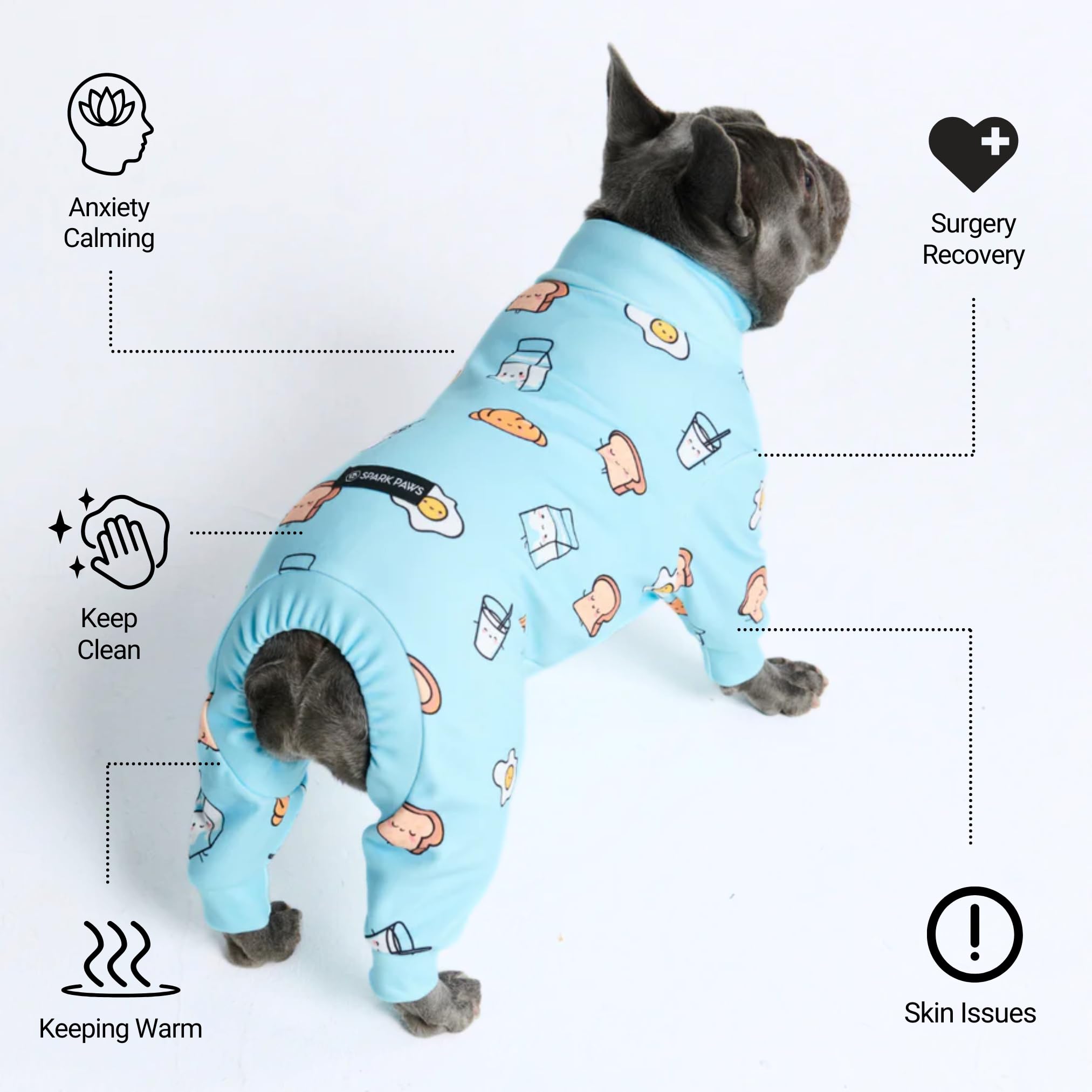 Spark Paws dog pajama interior fleece emphasizes calming softness for secure rest.