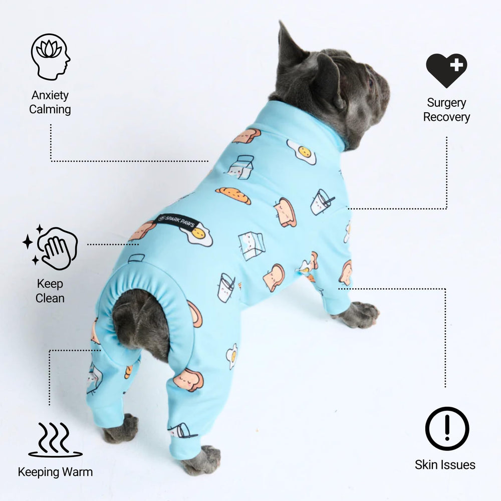 Spark Paws dog pajama interior fleece emphasizes calming softness for secure rest.