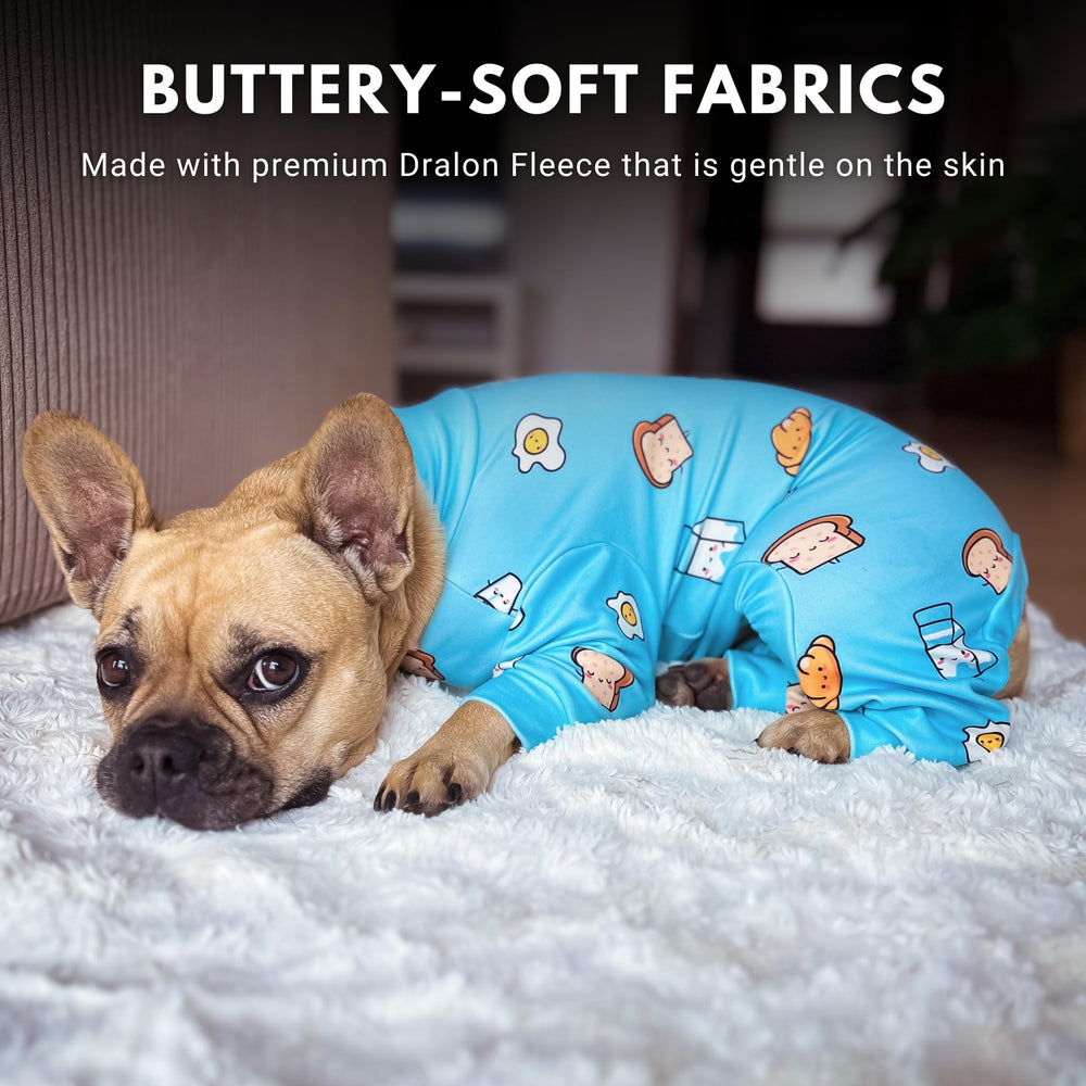 Spark Paws dog pajama model wearing breakfast blue showcases color and comfort.
