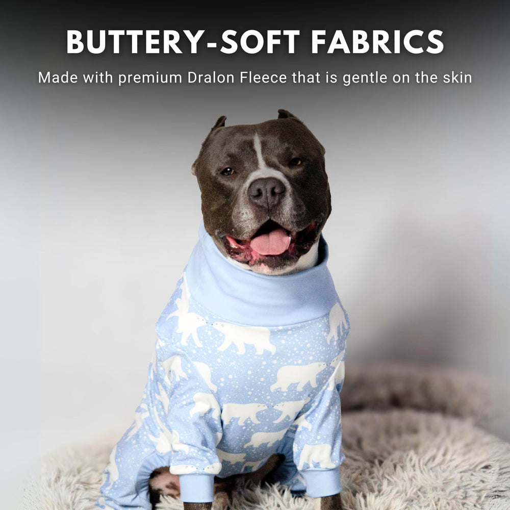 Spark Paws pajama rear V-cut detail facilitates easy potty breaks.