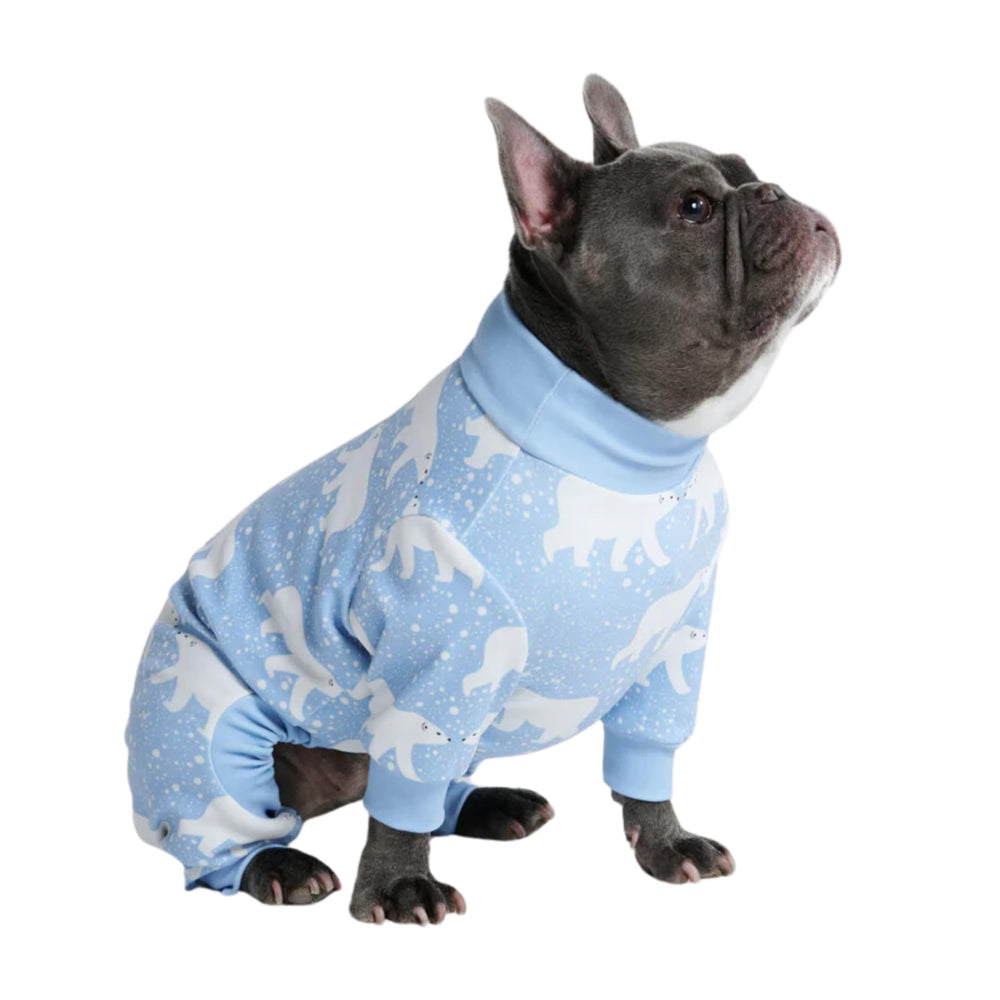Spark Paws Snowy Polar Bear dog pajama front view shows cozy 4-way stretch for unrestricted movement.