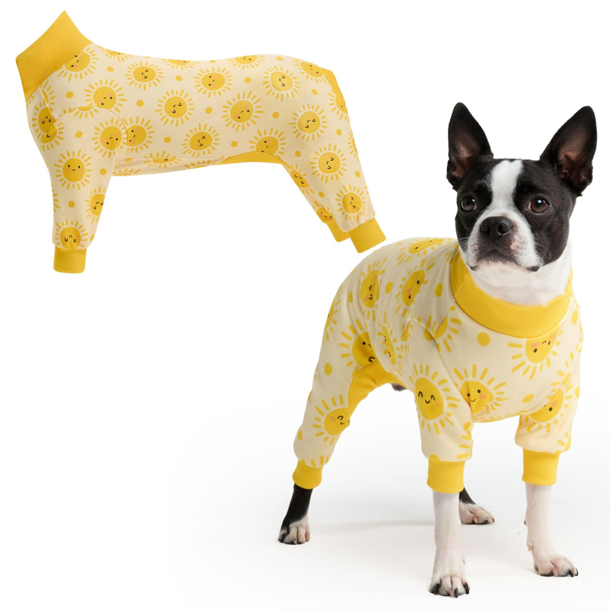 Spark Paws Sunshine M dog pajama front view with ultra-soft 4-way stretch fabric