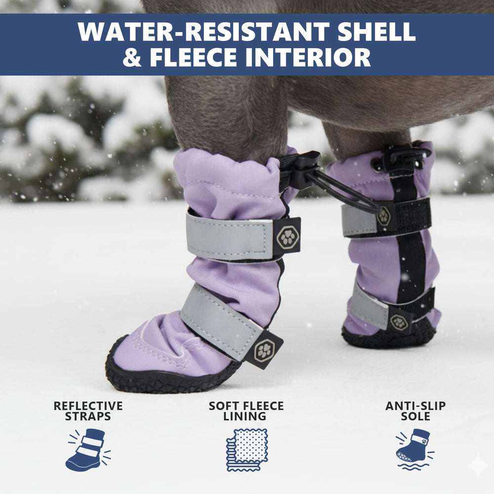 Spark Paws lilac dog shoes soft fleece lining for comfortable wear.