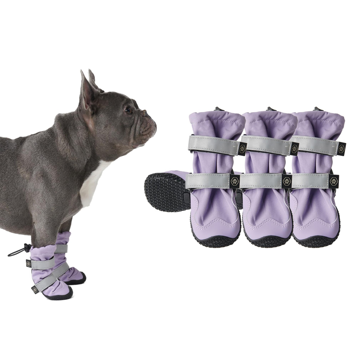 Spark Paws lilac dog shoes side view for secure-fit all-terrain walks.