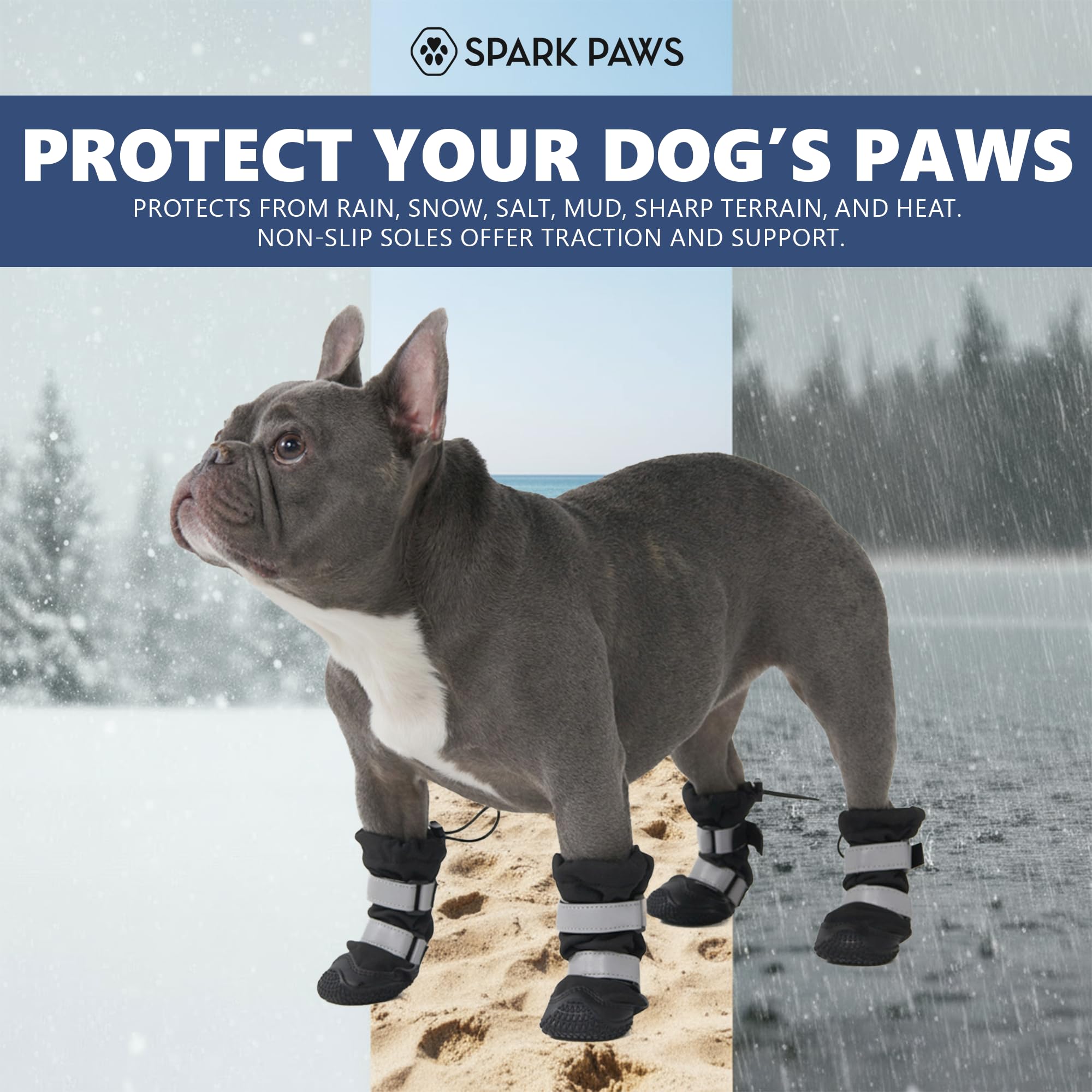 Spark Paws dog shoes reflective straps boost visibility during dawn or dusk walks.
