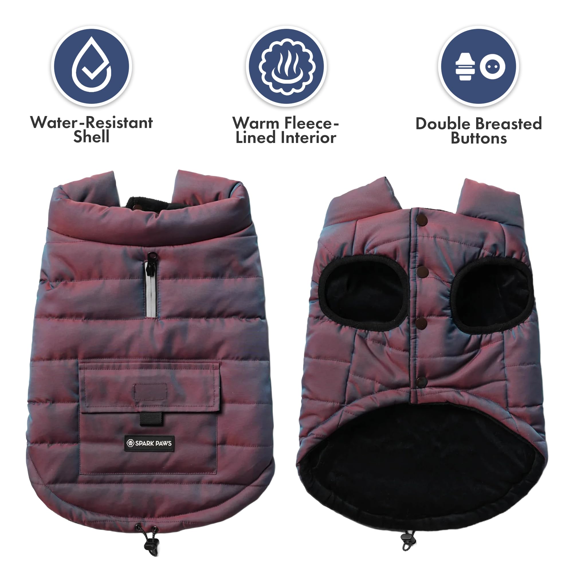 Spark Paws Cosmic dog winter jacket back view highlights full coverage and wind protection