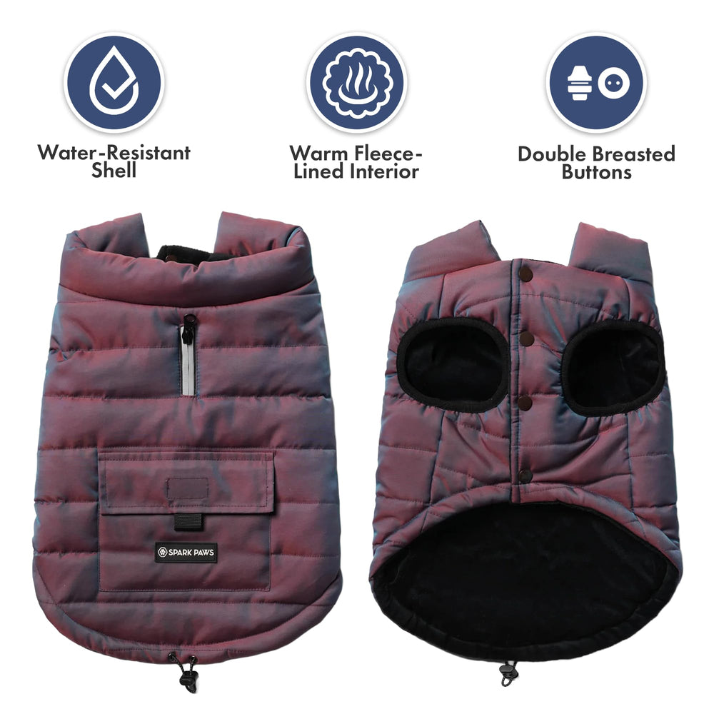 Spark Paws Cosmic dog winter jacket back view highlights full coverage and wind protection