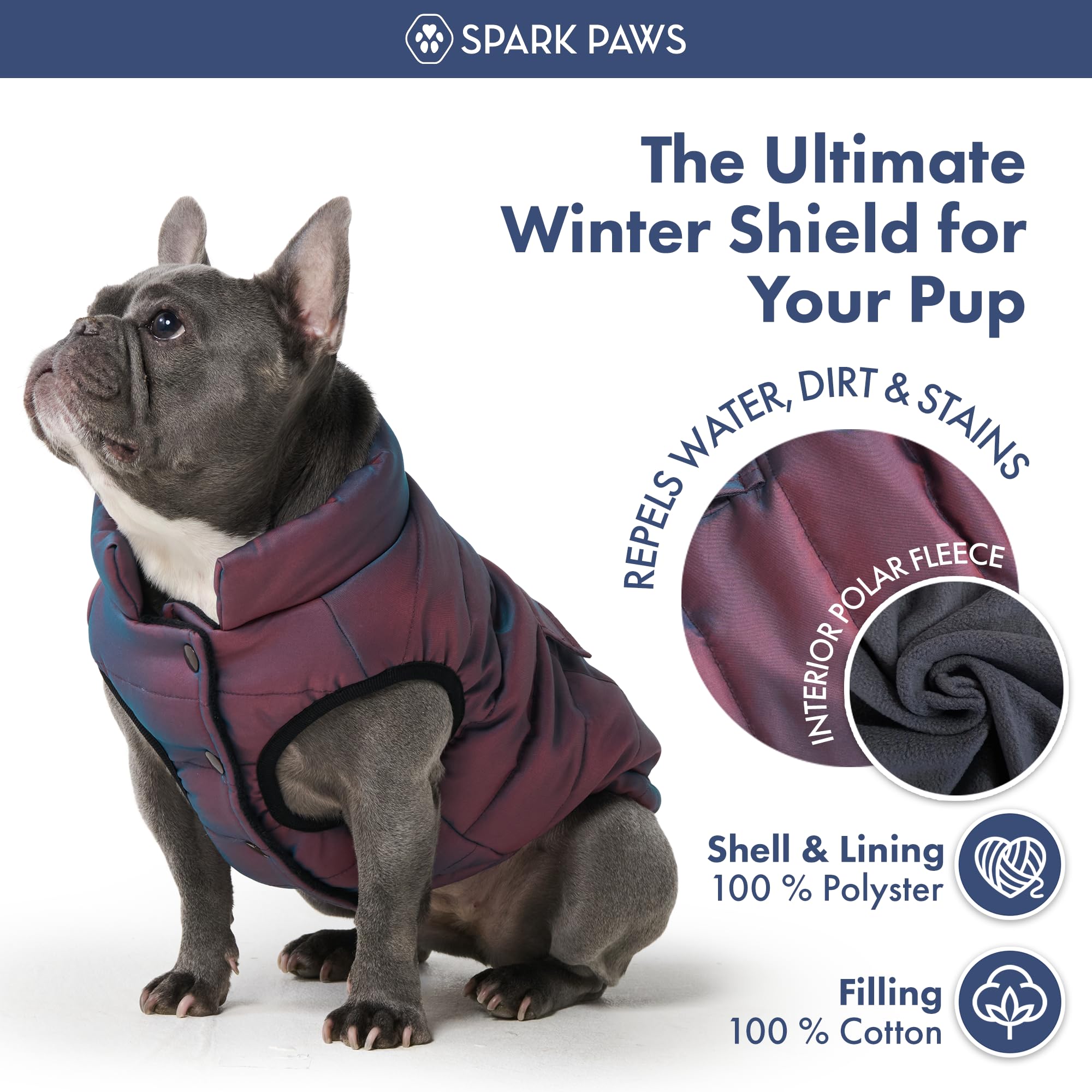 Spark Paws Cosmic dog winter jacket leash-hole detail demonstrates harness-friendly access