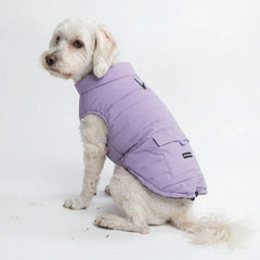 Spark Paws dog winter jacket front view in lilac showing warmth and water resistance