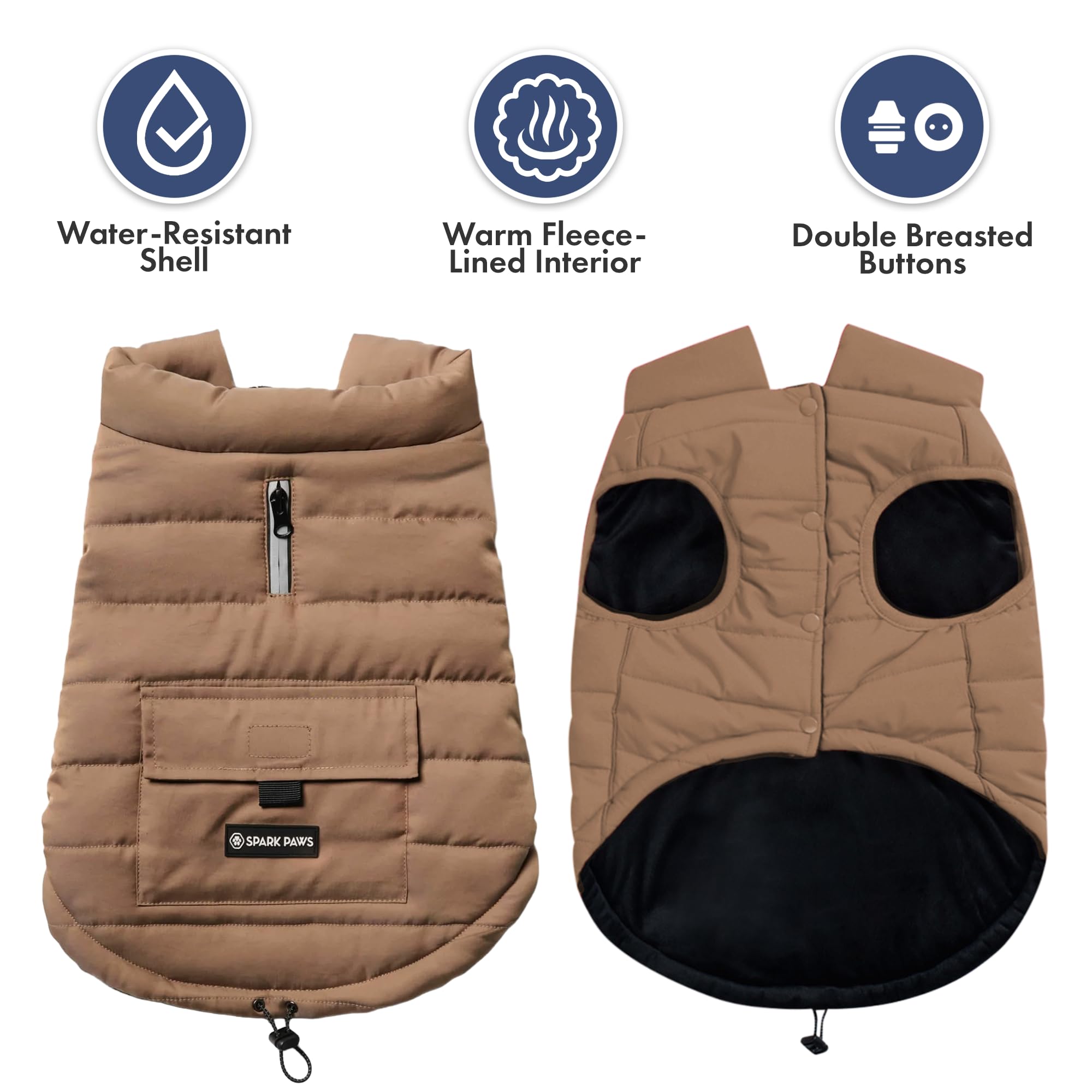 Spark Paws dog winter jacket harness hole opening shown for easy leash attachment