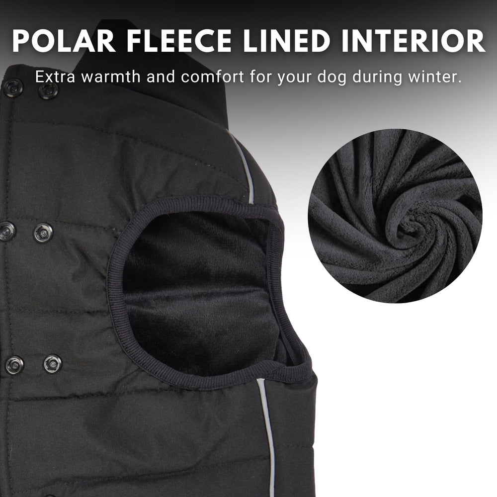 Spark Paws dog winter jacket leash-hole closeup shows harness-friendly opening.