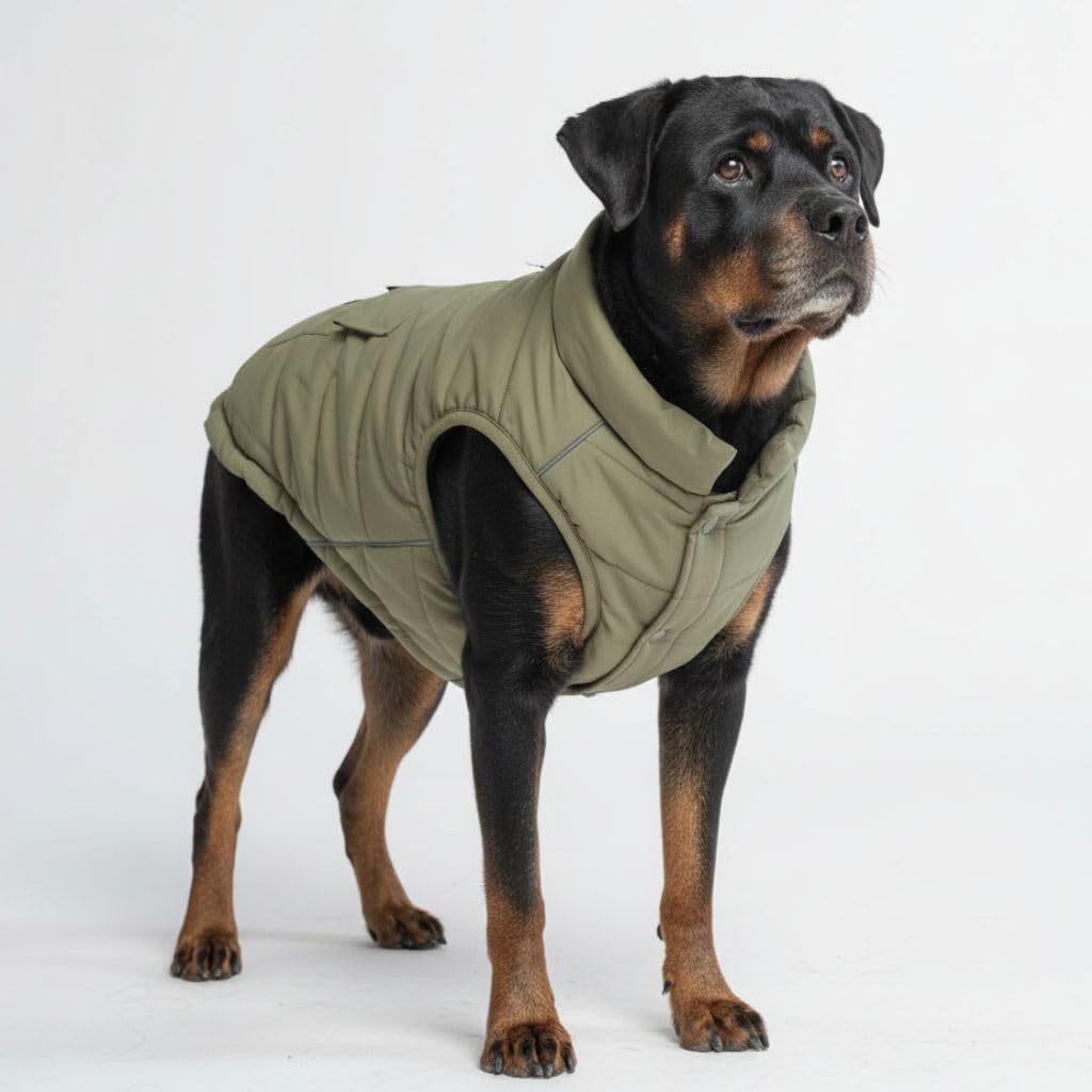 Spark Paws dog winter jacket olive front view keeps dogs warm on cold walks